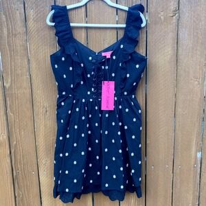 Betsey Johnson Daisy Eyelet Ruffle Lace Up Dress Black Summer Mini 10